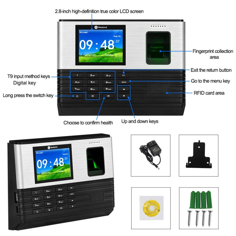 Realand AL355 Fingerprint Time Attendance with 2.8 inch Color Screen & ID Card Function & WiFi, AL355 Realand AL355 Fingerprint Time Attendance with 2.8 inch Color Screen & ID Card Function & WiFi, AL355